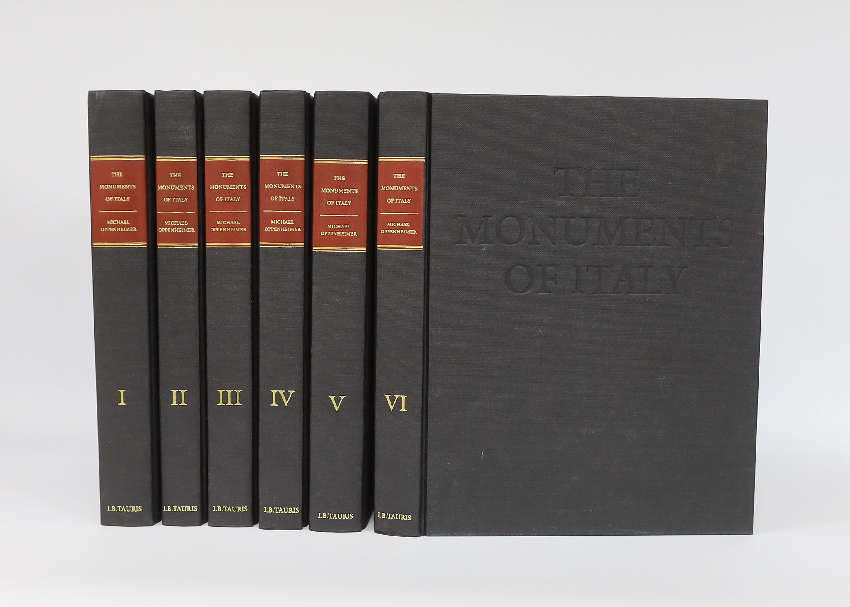 Oppenheimer, Michael - The Monuments of Italy: a regional survey of art, architecture and archaeology from classical to modern times. 6 vols. num. photo. plates and sketch maps; lettered cloth with red spine labels, 4to.